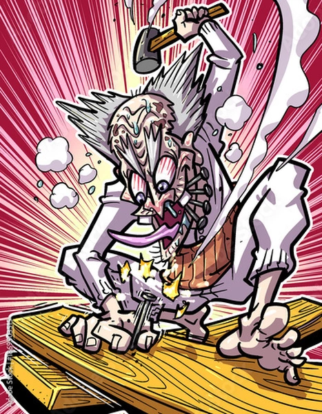 Fototapeta 執念で釘を打つパワフルなシニア男性のDIY・リフォーム素材