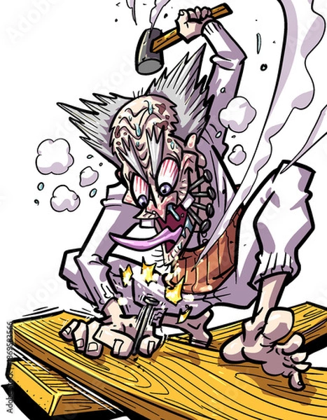 Fototapeta 執念で釘を打つパワフルなシニア男性のDIY・リフォーム素材