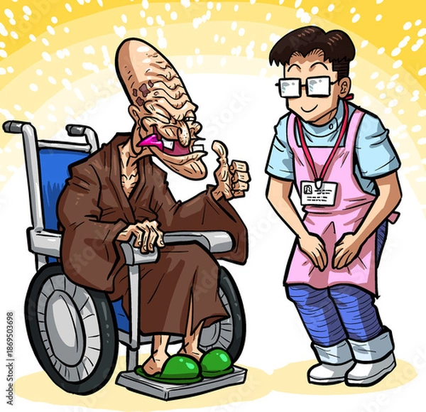 Obraz 介護士に元気に挨拶される車椅子の個性的な高齢男性