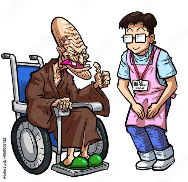 Obraz 介護士に元気に挨拶される車椅子の個性的な高齢男性