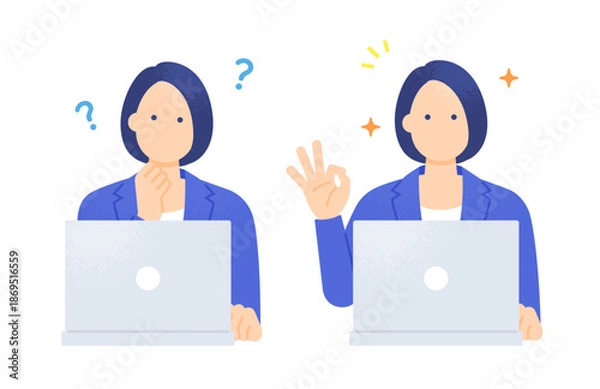 Obraz タスクの確認と完了。パソコン作業をする女性。「考える顔」と「OKサイン」のイラスト。
