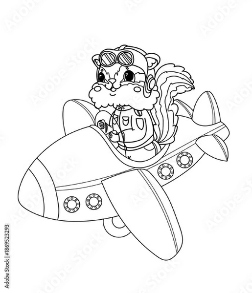 Obraz Vector illustration children's coloring book about professions. Linear chipmunk pilot