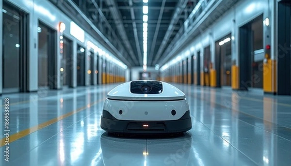 Obraz Autonomous Robot Navigating a Modern Industrial Corridor.