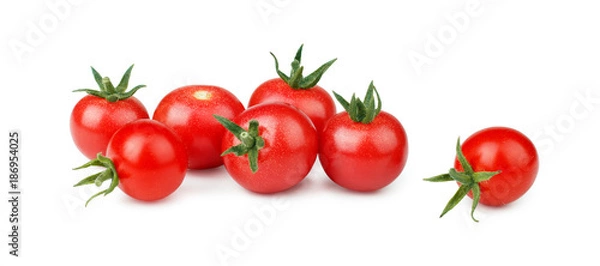 Obraz Cherry tomatoes with green stem on white background.