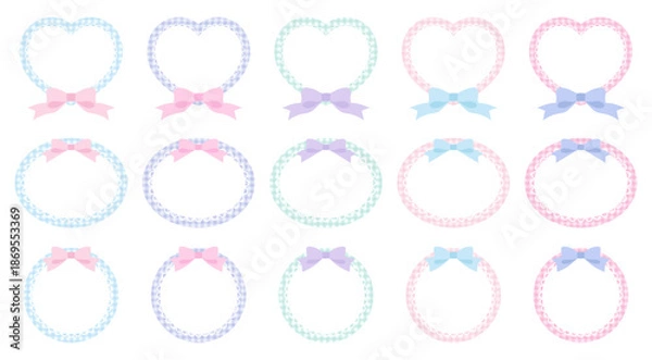 Obraz リボンがついたかわいいレースフレームのベクターイラストセット。ハート、飾り、ギンガムチェック