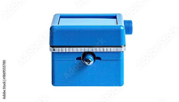 Obraz Blue rectangular device with screen, knob, and silver trim. Solid color. Dark background