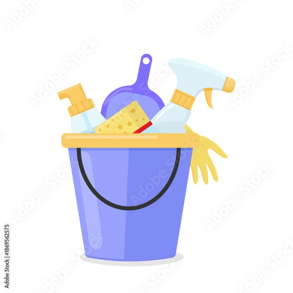 Obraz Cleaning Supplies in Bucket Flat Vector Illustration