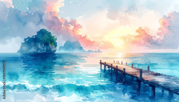 Obraz 幻想的な海と桟橋_generated by AI