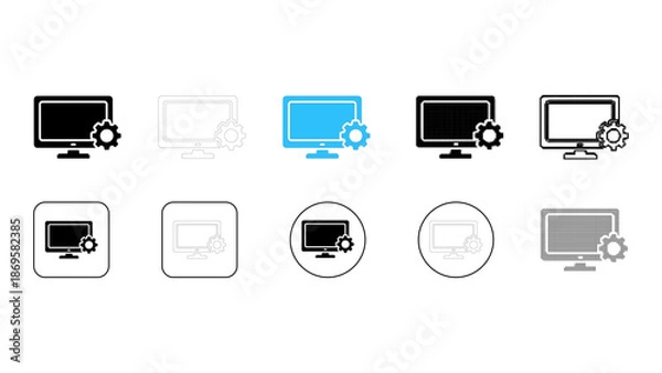 Fototapeta Computer settings icon set for desktop system configuration in solid line dot pixelated colourful style for software UI