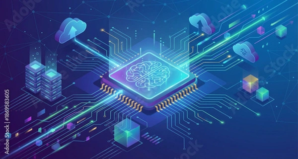 Obraz High-tech artificial intelligence brain on a microchip integrated with cloud computing and data network connections, symbolizing advanced machine learning and digital transformation concepts