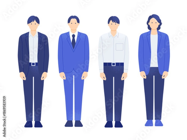 Obraz IT企業や代理店の営業チーム。スーツとオフィスカジュアルの男性。おしゃれな若手ビジネスマンのセット。