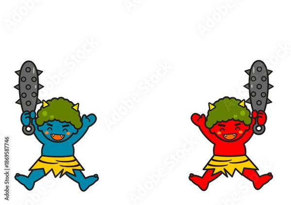 Obraz コピースペース　金棒を持った可愛い青おにと赤おに