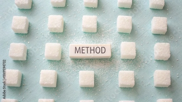 Obraz Sugar cubes arranged around a Method label on blue surface