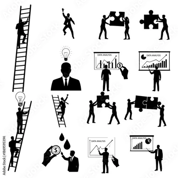 Obraz DATA ANALYSIS , BUSINESS MAN SOLVE PROBLEMS SILHOUETTE PACK