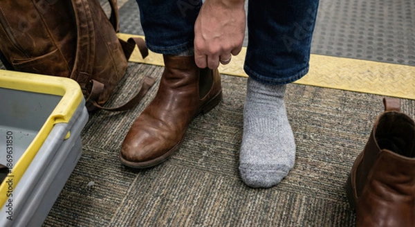 Obraz Man removing boot for airport security check