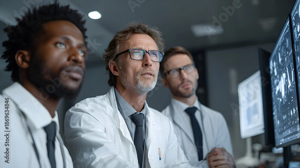 Obraz Diverse medical team analyzing complex data on multiple computer screens in a modern lab