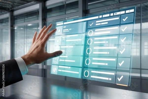 Obraz Close-up Hand Touching Digital User Interface for Quality Assurance and System Tracking.