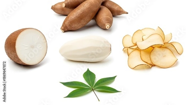 Obraz Taro root and leaf on white background