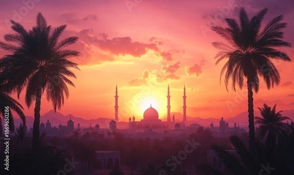 Obraz Authentic Arabian Iftar Scene in Oasis with Dramatic Sunset Sky