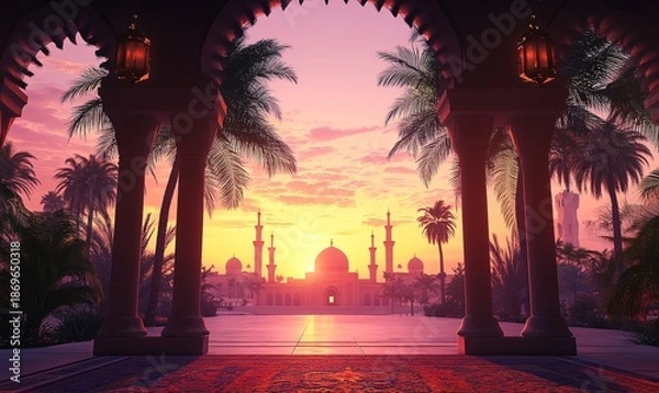Obraz Authentic Arabian Iftar Scene in Oasis with Dramatic Sunset Sky
