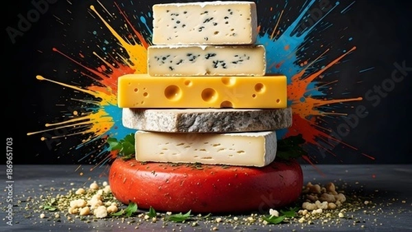 Obraz A vibrant stack of diverse cheeses exploding with color on a dark background