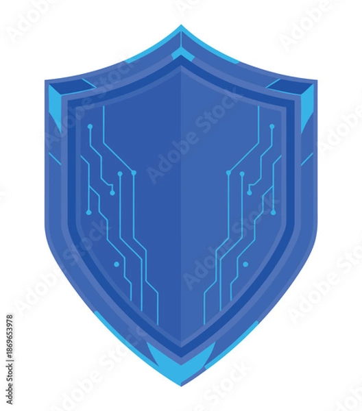 Obraz Digital security shield icon features glowing blue circuit board patterns.