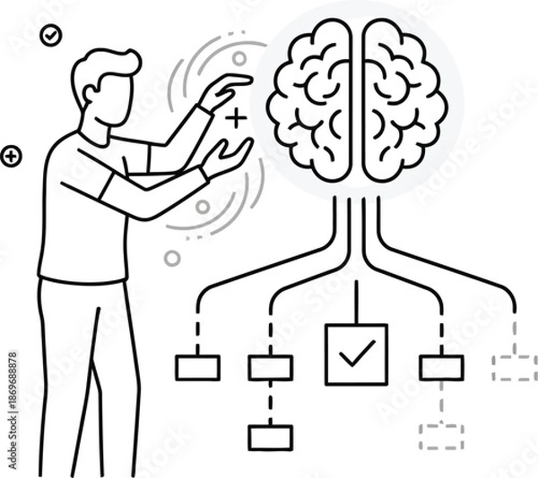Obraz A man interacts with a brain illustration surrounded by flowchart elements on a white background