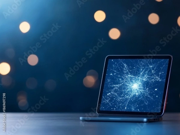 Obraz Digital Network Visualization on Laptop Screen with Bokeh Background