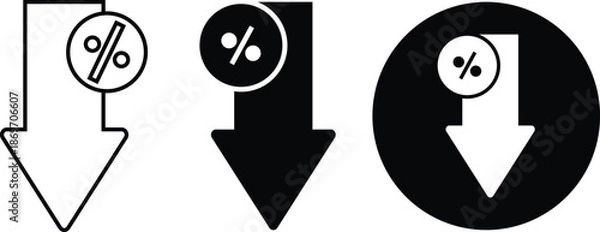 Obraz Percent down icons. Percentage decrease symbols. Sale reduction graphic design. Financial loss and discount signs

