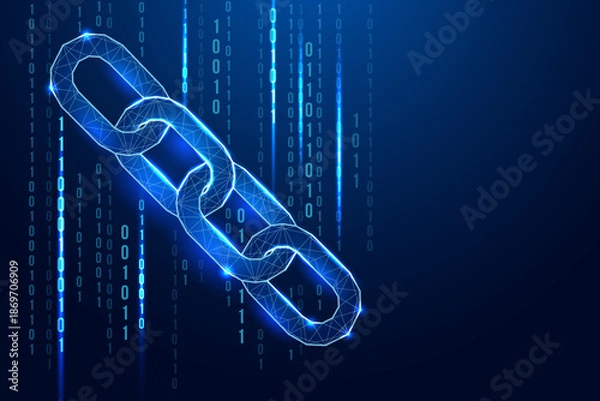 Obraz Digital wireframe chain link glowing in blue with binary code background, symbolizing blockchain, cybersecurity, and data integrity. Ideal for tech, crypto, and decentralized network visuals.