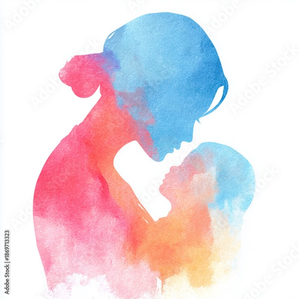 Fototapeta 母と子、水彩イラスト、シルエット、家族