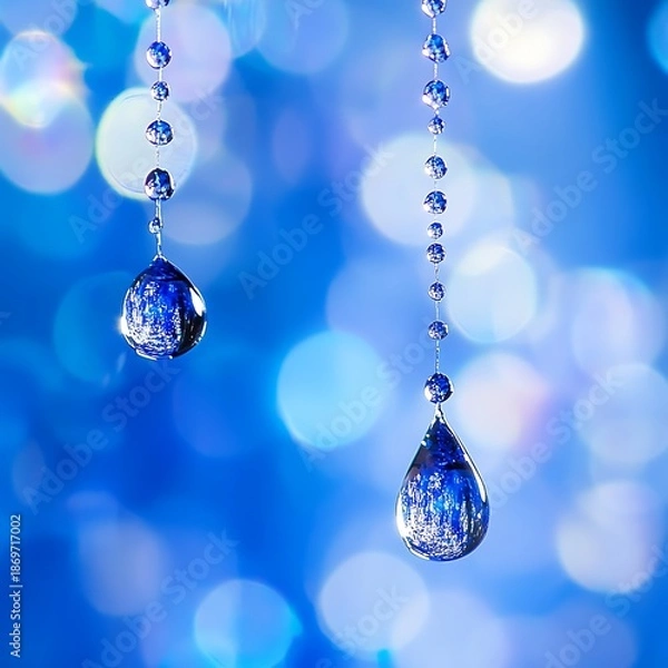Obraz Abstract blue water droplets hanging from beaded string high resolution image