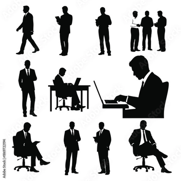 Obraz Professionals working in various office settings, utilizing laptops and documents in different poses and environments.