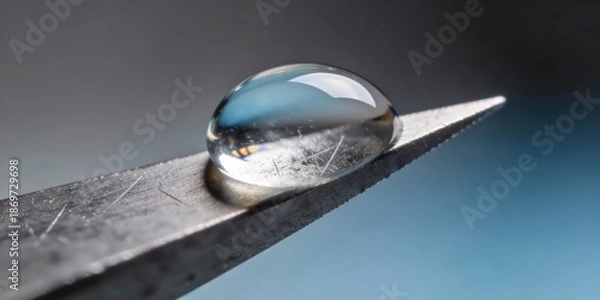 Obraz Water drop on sharp metal edge reflecting blue background