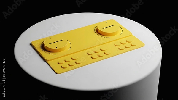Obraz Yellow remote control with two dials and multiple buttons on a white surface