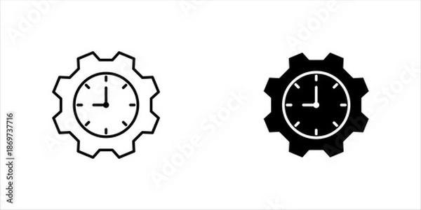 Fototapeta Gears with clock, linear icon set. Time optimization and workflow efficiency. Line with editable stroke.