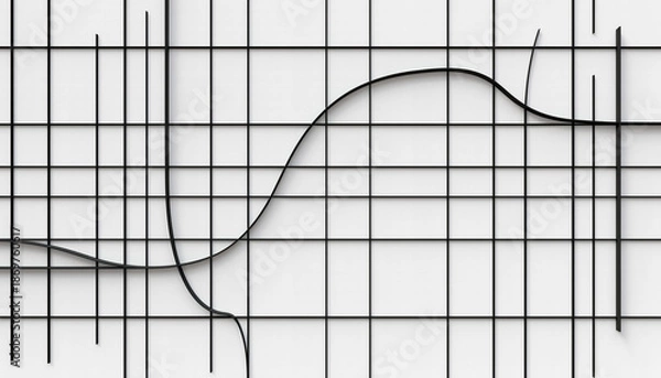 Obraz Abstract Black Grid and Curved Lines Background　白背景に黒いグリッドと曲線が交差する背景