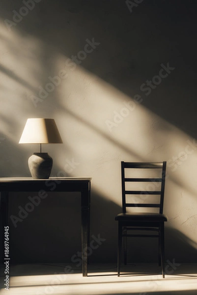 Obraz composition empty table, Stylish chair and table arrangement with lamp casting soft shadows