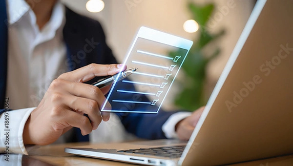 Obraz Person using smartphone with checklist interface hovering over laptop transparent background