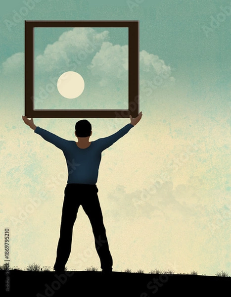 Obraz A man frames a sunset in a 3-d illustration.