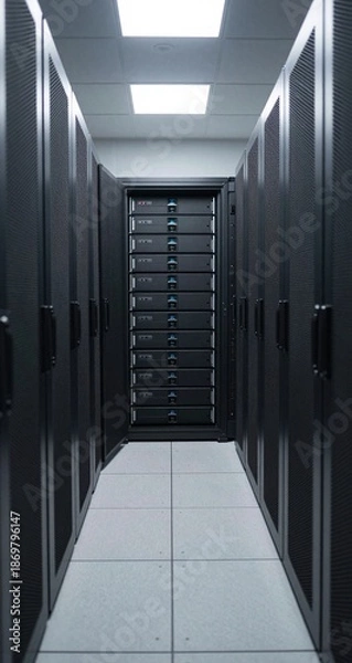 Obraz Cloud Computing Server Room With Blue Neon Lights