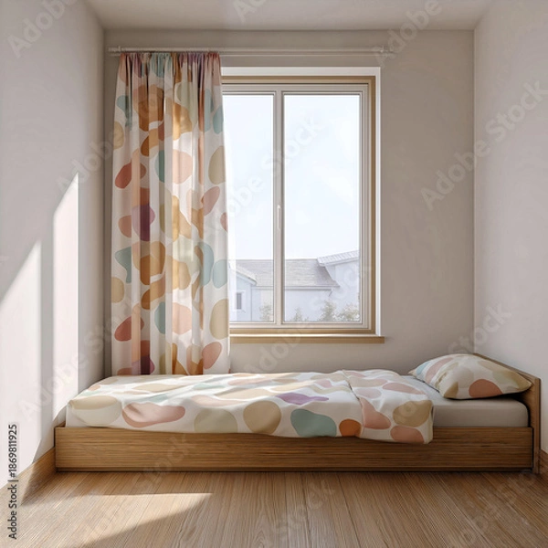 Obraz Modern minimalist room with large patterned curtain and empty space