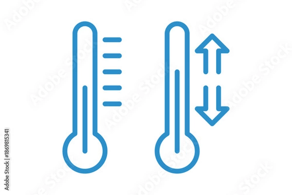 Fototapeta Temperature increase and decrease line icon, thermometer with up and down arrows, climate adjustment and thermal control symbol isolated on white background flat vector illustration.