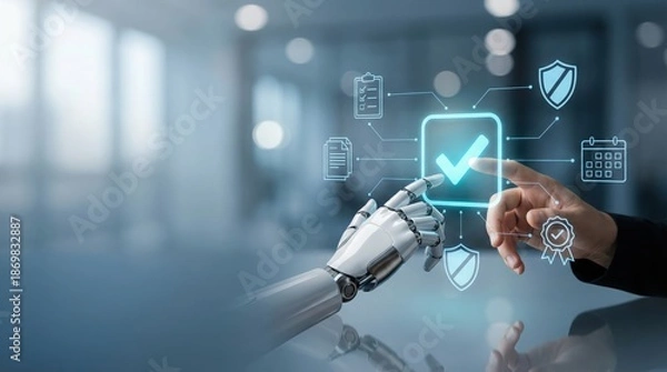 Obraz Human and robot hands touching digital checkmark, AI collaboration