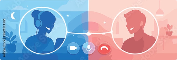 Obraz Connected Silhouettes. Split-screen composition showing two smiling silhouettes connected through a glowing video call interface,