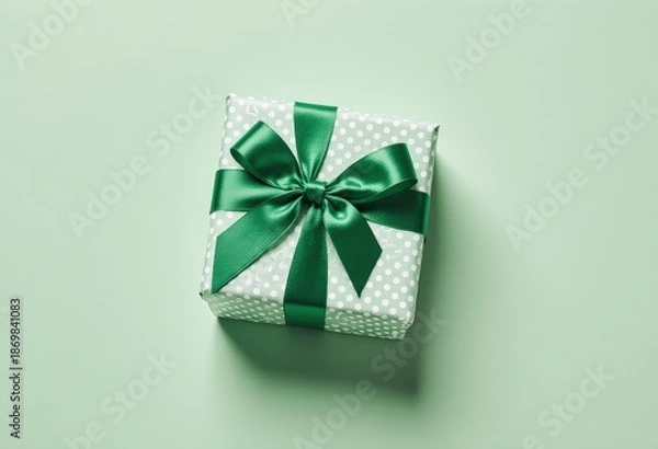 Obraz Green polka dot gift box with ribbon on solid background