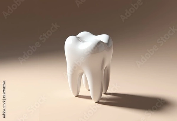 Obraz Glossy white tooth model on soft beige surface with soft shadowing