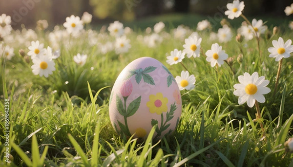 Obraz Decorated Easter egg resting on green grass surrounded by daisies  