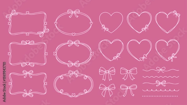 Obraz 手描き風のハートとリボンのフレーム・罫線セット ピンク背景の白線画ベクター素材