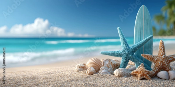 Obraz Blue surfboard and beach shells